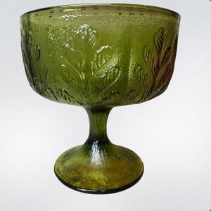 FTD Avocado Green Oak‎ Leaf Compote Pedestal Bowl Candy Dish 1978 Vintage
